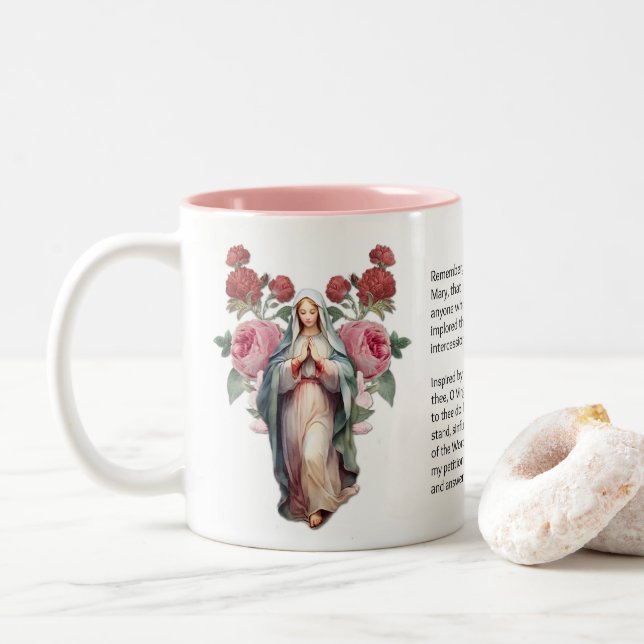 Caneca De Café Em Dois Tons Bênçãos Virgem Maria Rosas Régua (Com Donut)