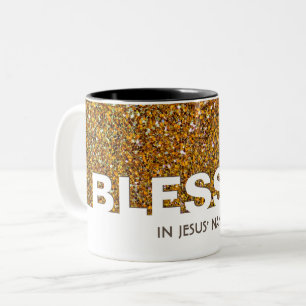 Caneca De Café Em Dois Tons BENDITO Em Nome de Jesus Brilho Dourado Elegante