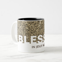 Caneca De Café Em Dois Tons BENDITO Em Nome de Jesus | Glitter BEGE Elegante