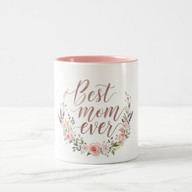 Caneca De Café Em Dois Tons Best Mom Ever – Elegant Calligraphy Floral (Centro)