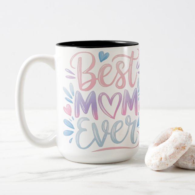 Caneca De Café Em Dois Tons Best Mom Ever Modern Script Pastel Gradient Heart (Com Donut)