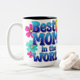 Caneca De Café Em Dois Tons Best Mom in the World Bold Blue Gradient & Flowers