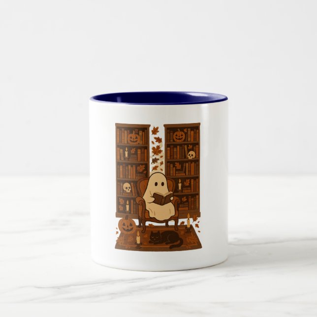 Caneca De Café Em Dois Tons Biblioteca Assustadora Fofa, Fantasma da Leitura d (Centro)