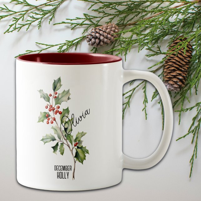 Caneca De Café Em Dois Tons Birth Flower Mês Dezembro Nome Holly (Criador carregado)