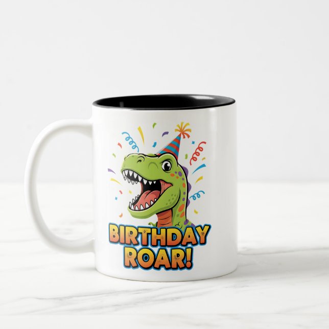 Caneca De Café Em Dois Tons Birthday Roar Cute Dinosaur Birthday Party Design (Esquerda)