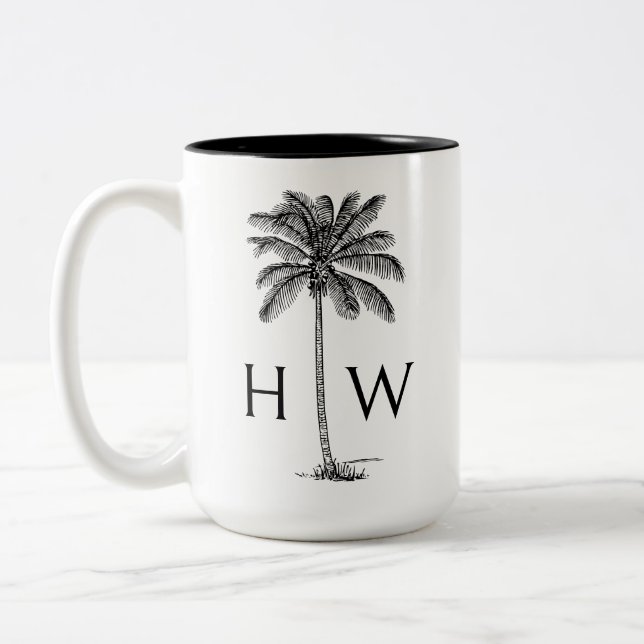 Caneca De Café Em Dois Tons Black and White Palm Palmetto Tree Monogram (Esquerda)