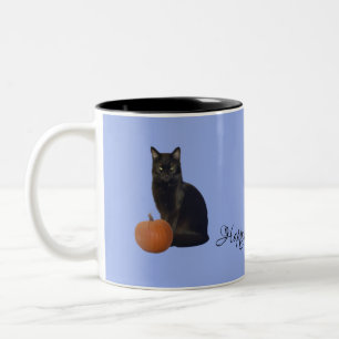 Caneca De Café Em Dois Tons Black Cat Orange Pumpkins Feliz Halloween em Azul