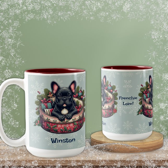 Caneca De Café Em Dois Tons Black Frenchie, em Holiday Bed, Snowflake Backdrop (Criador carregado)