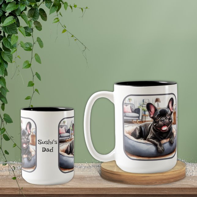 Caneca De Café Em Dois Tons Black Frenchie na cama de cachorro azul (Criador carregado)