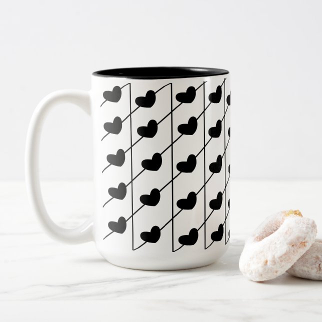 Caneca De Café Em Dois Tons Black Stripes Hearts (Com Donut)