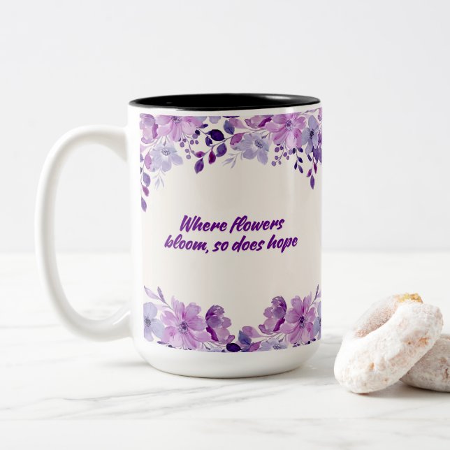 Caneca De Café Em Dois Tons Blossomas Florais Roxos (Com Donut)