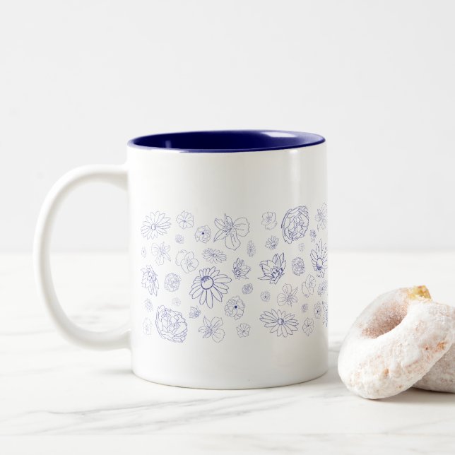 Caneca De Café Em Dois Tons Blue Floral Mug (Com Donut)
