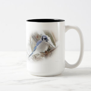 Caneca De Café Em Dois Tons Blue Jay na neve do inverno