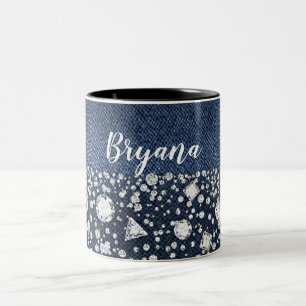 Caneca De Café Em Dois Tons Blue Jean Denim & Diamantes Brilho Coração de Diam