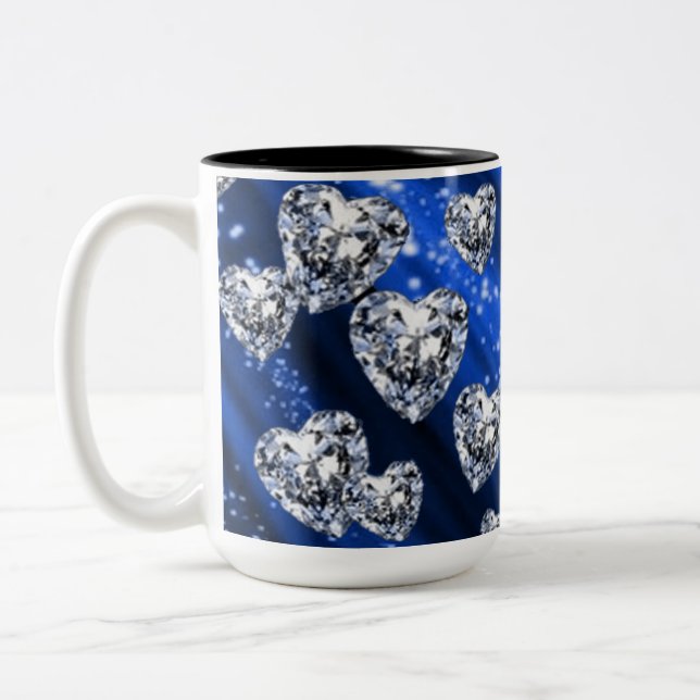 Caneca De Café Em Dois Tons Blue Sparkle Diamond Hearts (Esquerda)