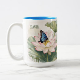 Caneca De Café Em Dois Tons Blue Swallowtail Butterfly With Lotus Flower Name