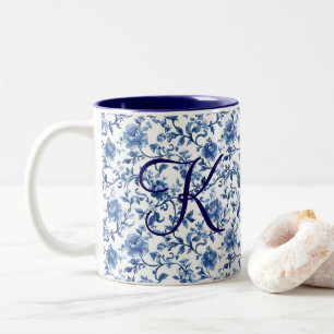 Caneca De Café Em Dois Tons Blue Watercolor Floral Toile Chinoiserie
