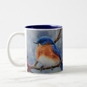 Caneca De Café Em Dois Tons Bluebird Oriental e Berries Watercolor Art