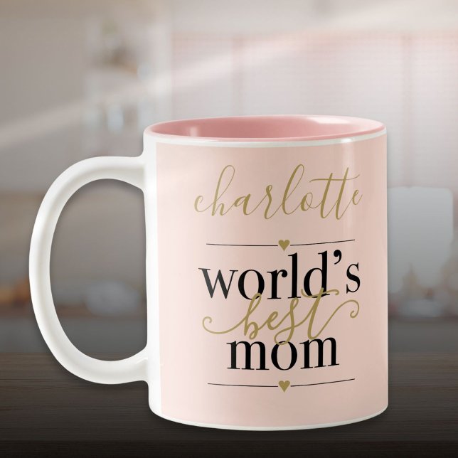 Caneca De Café Em Dois Tons Blush Pink e Dourados mundos Personalizados Melhor (Blush Pink and Gold Personalized Worlds Best Mom Two-Tone Coffee Mug)