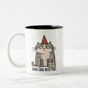 Caneca De Café Em Dois Tons Boa Sorte Com Esse Gato Mal-Humorado De Aniversári
