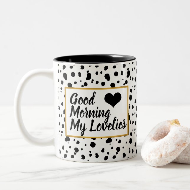 Caneca De Café Em Dois Tons Boas Manhãs Lovelies Trendy Dalmatic Spots (Com Donut)