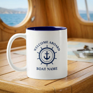 Caneca De Café Em Dois Tons Boas-vindas Náuticas a Bordo Nome do Barco Âncora