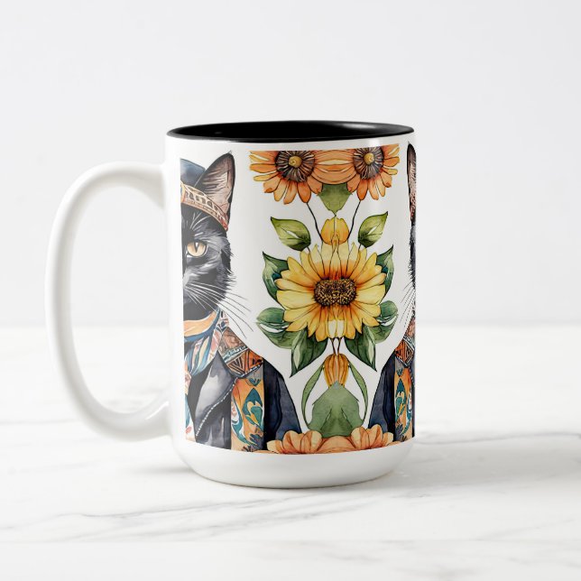 Caneca De Café Em Dois Tons Boho Hippie Cat com Scarf 15 oz Mug (Esquerda)