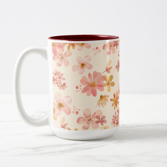 Caneca De Café Em Dois Tons Boho hippie Rústica, flores naturais da terra (Esquerda)
