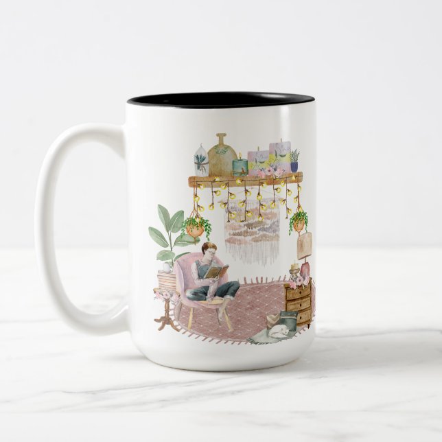 Caneca De Café Em Dois Tons Boho Lendo Sala Mug (Esquerda)