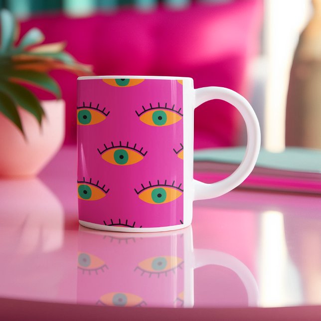 Caneca De Café Em Dois Tons BOHO Mau Olho Padrão Funky Fuchsia (Criador carregado)