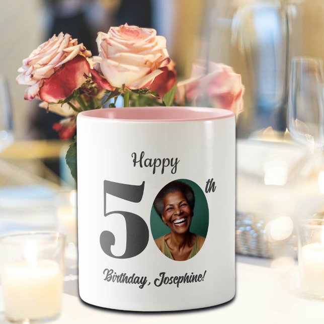 Caneca De Café Em Dois Tons Bold Happy 50th Birthday Photo (Criador carregado)