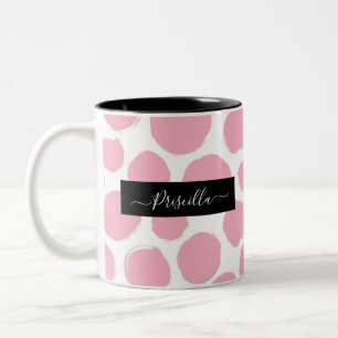 Caneca De Café Em Dois Tons Bolinhas rosa com nome personalizado