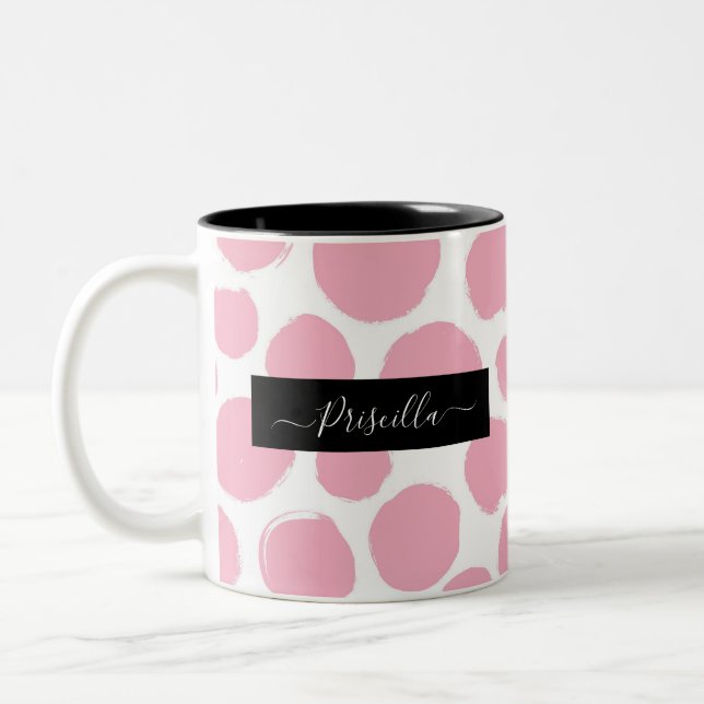 Caneca De Café Em Dois Tons Bolinhas rosa com nome personalizado (Esquerda)