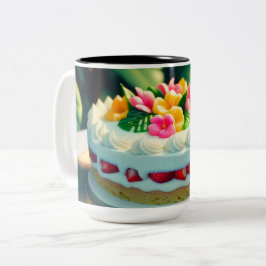 Caneca De Café Em Dois Tons Bolo com flores e fruta no topo e uma flor