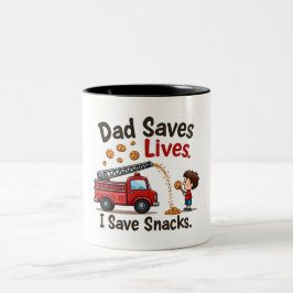 Caneca De Café Em Dois Tons Bombeiro "Pai salva vidas. Eu salvo lanches." Dois