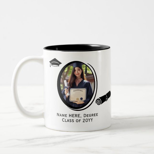 Caneca De Café Em Dois Tons Boné de Diploma Moderno de 2 Fotos Personalizado (Esquerda)