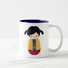 Caneca De Café Em Dois Tons Boneca Kokeshi Bonita Japonesa