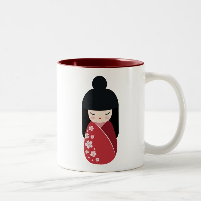 Caneca De Café Em Dois Tons Boneca Kokeshi VERMELHA - Garota Geisha Japonesa B (Direita)