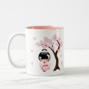 Caneca De Café Em Dois Tons Boneca White Kimono Kokeshi - Garota Gisha Bonita 