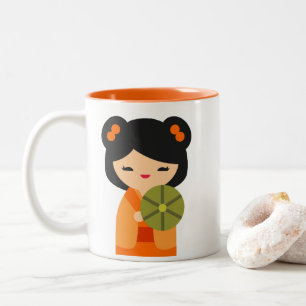 Caneca De Café Em Dois Tons Bonecas japonesas de laranja-branca Kokeshi