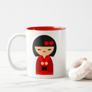 Caneca De Café Em Dois Tons Bonecas japonesas Red Kokeshi