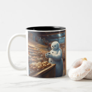 Caneca De Café Em Dois Tons boneco de neve caprichoso bebe cacau em uma mercea