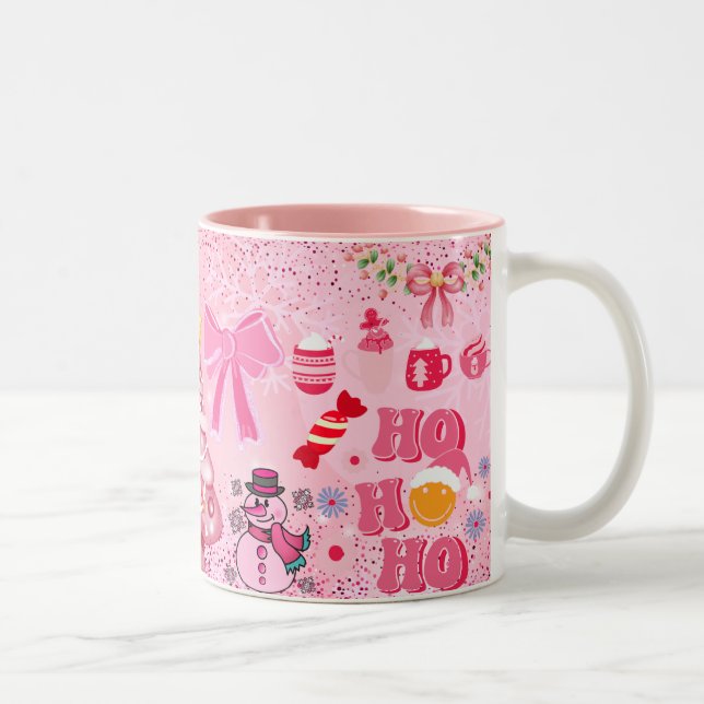 Caneca De Café Em Dois Tons boneco de neve rosa, feliz natal (Direita)