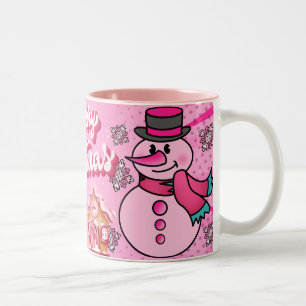 Caneca De Café Em Dois Tons boneco de neve rosa, feliz natal