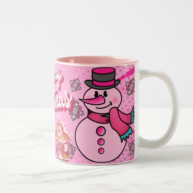 Caneca De Café Em Dois Tons boneco de neve rosa, feliz natal (Direita)