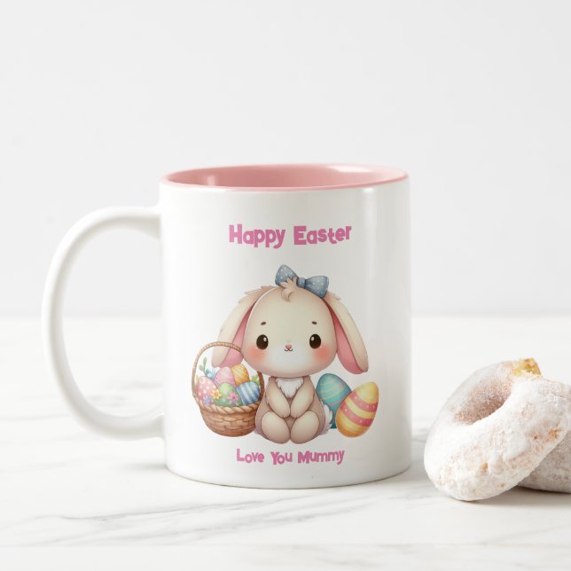Caneca De Café Em Dois Tons Boneco de Páscoa Bonito, Rosa Rosa Personalizável (Com Donut)