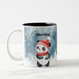 Caneca De Café Em Dois Tons Bonita Aquarela Panda Floresta de inverno Personal