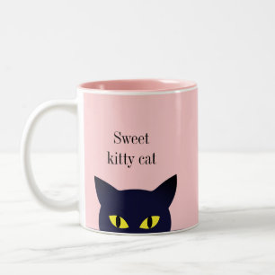 Caneca De Café Em Dois Tons Bonita cara de gato preto e caligrafia em rosa