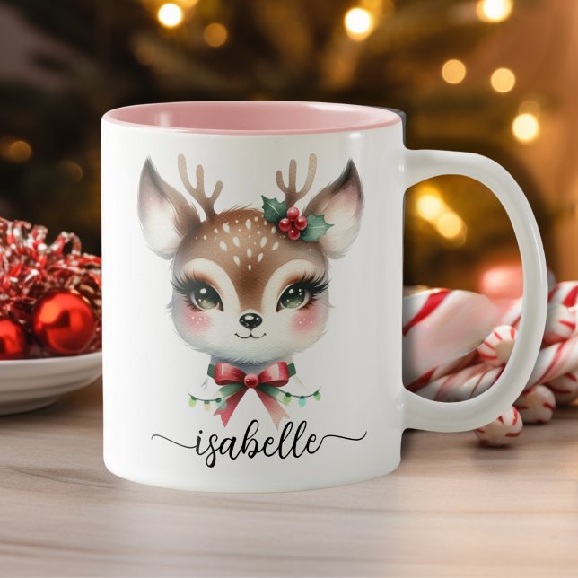 Caneca De Café Em Dois Tons Bonita Reindeer Personalizada de Natal (Cute Personalized Christmas Reindeer Two-Tone Coffee Mug)
