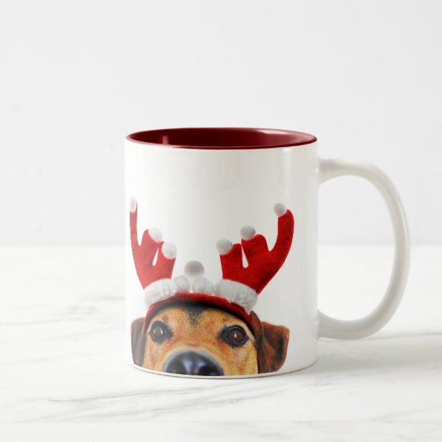 Caneca De Café Em Dois Tons Bonito Cachorro de Natal Reindeer Antler Headband (Direita)